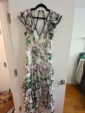 Karen Millen White Floral Midi Dress with Purple & Green